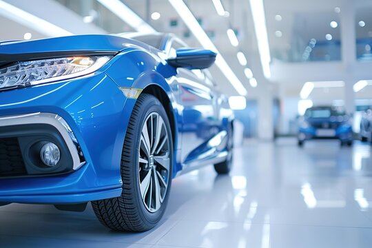 Fototapeta bright blue car stands prominently in modern dealership. clean, shiny floors reflect vehicle sleek design. Other cars can be seen in background, creating inviting atmosphere for potential buyers