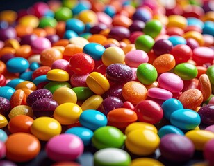 Pile of Multicolored Candies with Hard Shells in a Close up View with Glossy Texture and Bright Lighting