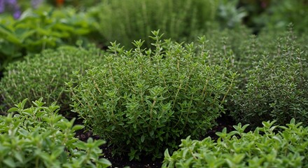 A close-up view of a lush green herb garden with various plants in focus.