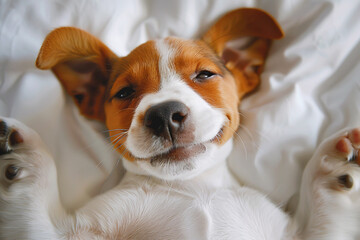 Adorable dog captured from above, resting on bright white bed. Concept of relaxation, companionship and domestic warmth. Ideal for animal magazines and veterinary promotions