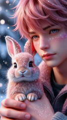 Illustration of a boy with pink hair, holding a pink rabbit, hair shining, snow, white background, fantasy illustration