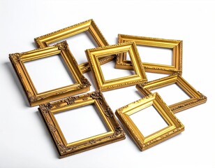 Pile of Ornate Empty Gold Picture Frames on White Backdrop
