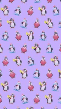 4K 3D Adorable Cartoon Penguins Skiing Heart Megaphone Seamless Winter Background Animation