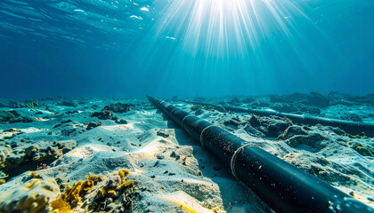 Submarine fiber optic cable on sandy seabed, ocean floor, underwater, global communication.