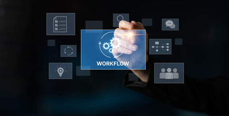 Workflow optimization concept featuring interconnected gears, task management, collaboration, process mapping, review, and automation for business productivity and efficiency Latch