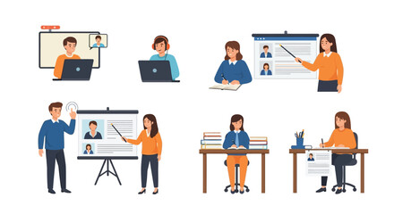 A collection of flat vector illustrations showing people in online classes, studying, and giving presentations.