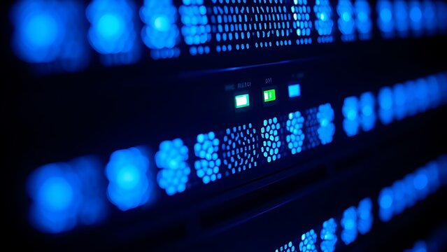 Close-up of glowing blue server rack lights creating an abstract technological pattern on a dark background.