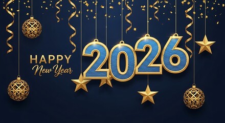Celebrate a dazzling Happy New Year 2026 with festive gold ornaments and ribbons on a deep blue backdrop for a vibrant and joyous holiday season greeting