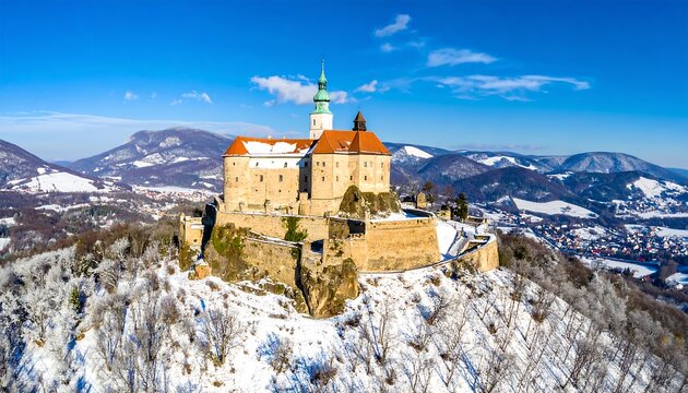 A majestic European castle sits atop a snow-covered hill, framed by distant mountains on a sunny day