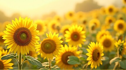 Fototapeta premium Bright Yellow Sunflower Field in Warm Sunlight During Day
