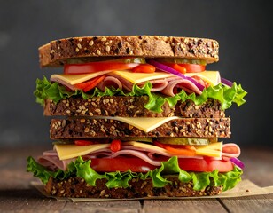 A layered sandwich sits on a wooden surface. Two slices of seeded bread cradle a generous filling of meats, cheeses, and vegetables