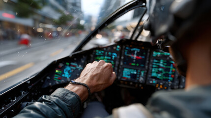 Obraz premium From the cockpit perspective, a pilot's hand expertly navigates the jet while advanced cockpit displays illuminate the environment, showcasing technology in aviation.