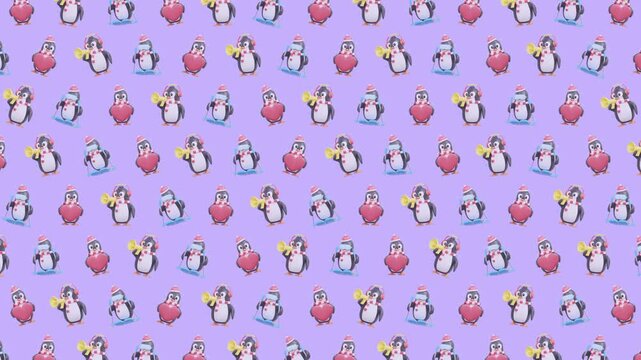 4K Cute 3D Cartoon Penguin Animation Seamless Repeating Winter Holiday Pattern