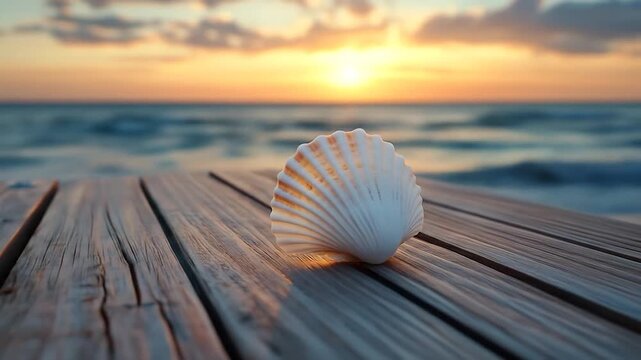 A single scallop shell rests on weathered wooden planks by the sea at sunset