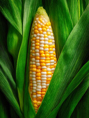 Fresh yellow and white corn cob surrounded by lush green husks in a vibrant and natural agricultural close-up showcasing healthy produce and organic growth