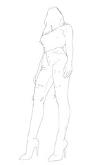 A young girl with long hair stands casually in a sketch drawing, wearing a simple shirt and jeans.