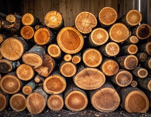 Pile of Wood Logs Stacked Neatly Against Wooden Wall with Concentric Circular Patterns and Natural Brown Textures Full Frame