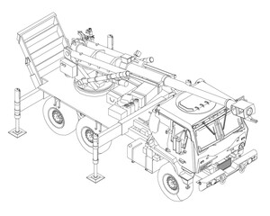 Military rocket launcher truck with mounted gun in clean contour drawing. The vehicle is isolated on a white background for versatile use.