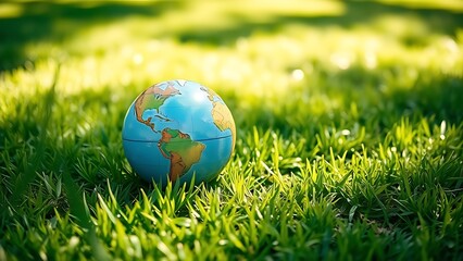 A small globe resting on lush grass, symbolizing environmental conservation under soft daylight.