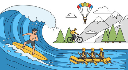 Obraz premium Cartoon Surfer Riding a Yellow Surfboard on a Big Blue Wave