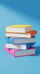 Stack of Colorful Books with Yellow, Orange, Blue and Pink on Blue Background