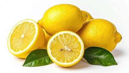 Pile of Yellow Lemons with Green Leaves on White Backdrop
