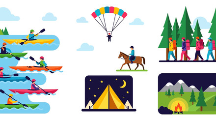 Colorful flat vector illustration set of outdoor adventure and recreational activities, including hiking, camping, and kayaking.