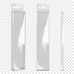Tall narrow clear glossy plastic box with tuck-in flap and euro hole tab. Front, side view. 3d mockup. Retail package. Hanging transparent PVC container. Realistic vector mock-up. Template for design