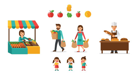Colorful flat vector illustrations: market vendor, shoppers, baker, and children enjoying food, money, and produce.