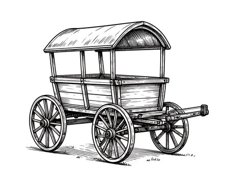 Detailed pen and ink style illustration of a traditional wooden wagon, featuring large spoked wheels and a rounded roof structure