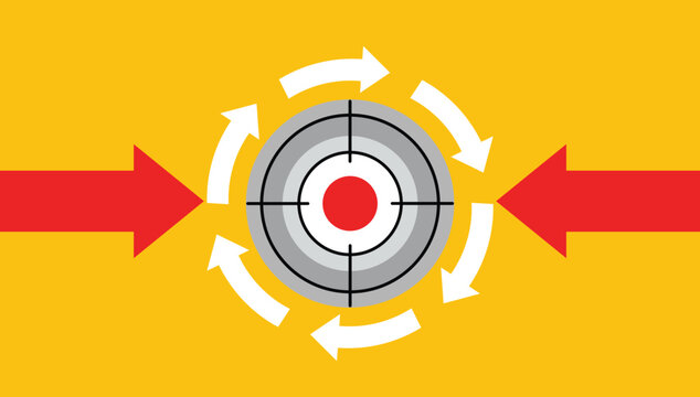 Red arrows point to target with white circular arrows on yellow background grey