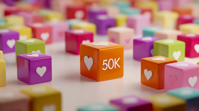 Colorful cubes featuring heart icons with one orange cube displaying 50k highlighting social media likes or engagement milestone concept in vibrant setting