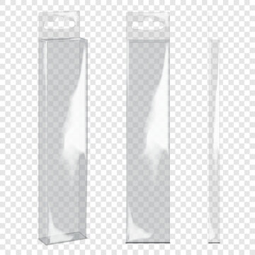Tall narrow clear glossy plastic box with tuck-in flap and euro hole tab. Front, side view. 3d mockup. Retail package. Hanging transparent PVC container. Realistic vector mock-up. Template for design