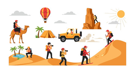 Desert Adventure Activities Featuring Diverse Travelers and Vehicles