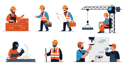 Fototapeta premium Construction Workers Set: Bricklayer, Architect, Crane Operator, Welder, Inspector, Painter, Hydration