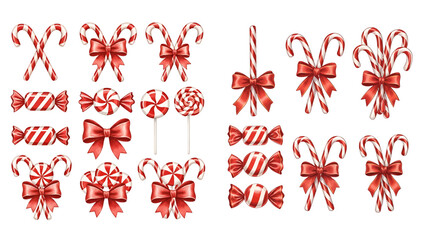 A festive collection of red and white striped candy canes, some tied with bows, alongside other Christmas sweets like peppermint swirls and wrapped hard candies.