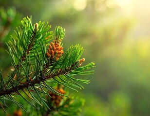 Pine Branch Close Up with Fresh Green Needles and Brown Pine Cones Against Blurred Bokeh Background with Sunlight