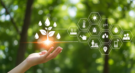 Empowering sustainable agriculture through technology with a hopeful hand gesture