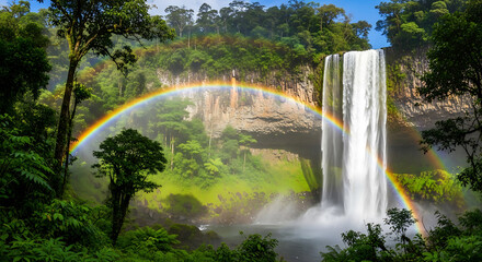 Obraz premium Waterfall Cascade with Rainbow Lush Green Forest Natural Beauty Scenic Landscape Tranquil Scene Fresh Water Flowing Sunlight Serenity Relaxation