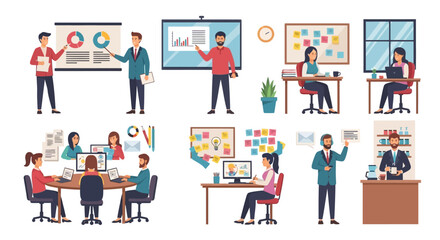 Fototapeta premium Diverse business professionals collaborating and presenting in office settings