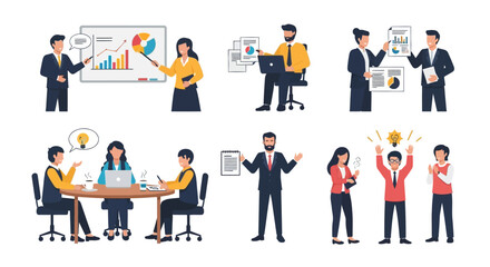 Diverse Business Professionals in Various Poses Illustrating Teamwork and Ideas