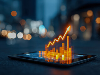 Digital tablet displaying vibrant rising financial graph with glowing bar chart and arrow symbolizing growth and success in modern business analytics at night