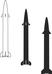 Medium-range ballistic missile icons, set of cruise or ballistic missile icons, line, isolated and silhouette in black color. Nuclear warhead.