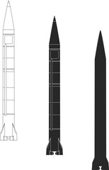 Nuclear ballistic missile icon set in black color. Intercontinental ballistic missile icons and model, line, isolated and silhouette.