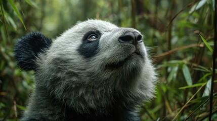 Close-up of a Giant Panda's face looking up in a bamboo forest