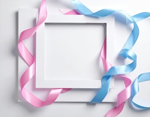 Pink And Blue Ribbons Frame White Background