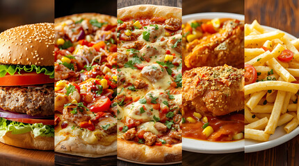 Delicious fast foods assortment with burger, sandwich, pizza, fried chicken, and french fries