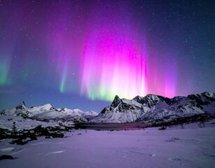 Pink And Green Aurora Borealis Over Snowy Mountains