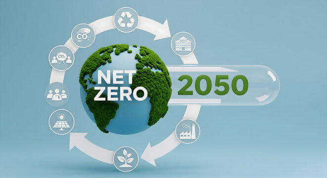 Achieve net zero emissions by 2050 with a sustainable planet and eco friendly initiatives