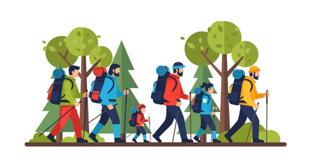 Fototapeta premium Diverse group of flat design hikers, adults and children, with colorful backpacks and trekking poles, walking in a line.